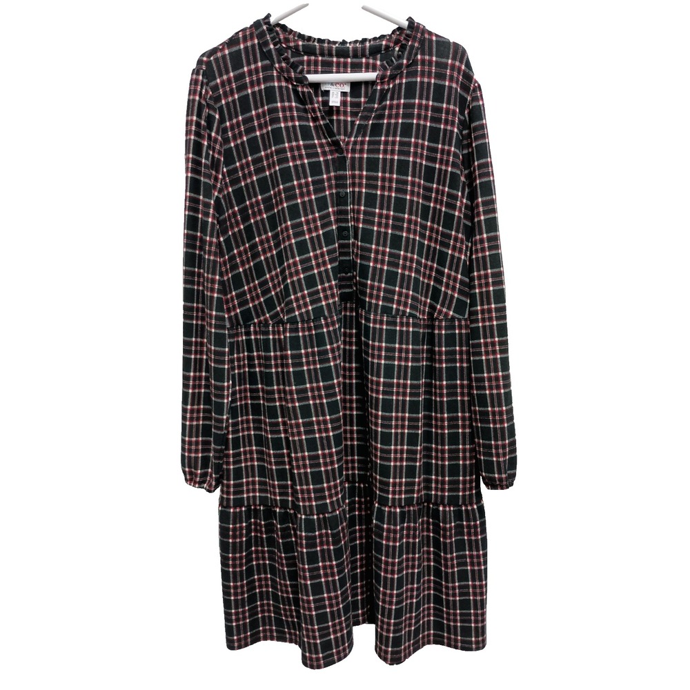 Denim&Co BOHO Midi Dress Size 1X Black Red Plaid Soft Knit Tiered Long Sleeve